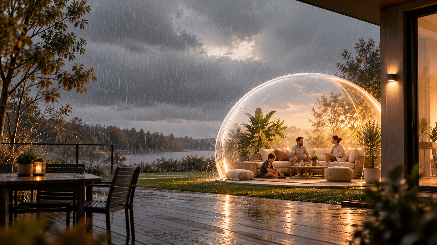 Une famille sous une bulle FREYR, à l'abri de la pluie
